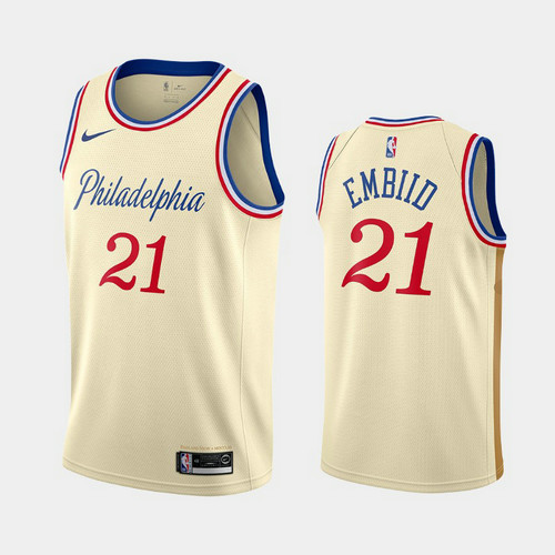 Camiseta Joel Embiid 21 Philadelphia 76ers 2019-20 Ciudad Crema Blanco Hombre