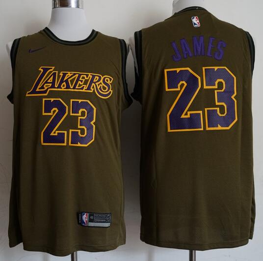 Camiseta LeBron James 23 Los Angeles Lakers Baloncesto Verde oliva Hombre