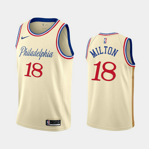 Camiseta Shake Milton 18 Philadelphia 76ers 2019-20 Ciudad Crema Blanco Hombre