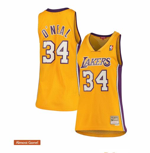 Camiseta Shaquille O'Neal 34 Los Angeles Lakers hardwood classics Amarillo Mujer