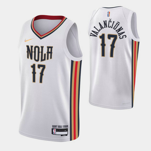 Camiseta jonas valanciunas 17 New Orleans Pelicans 2022 75 aniversario edición de la ciudad blanco Hombre